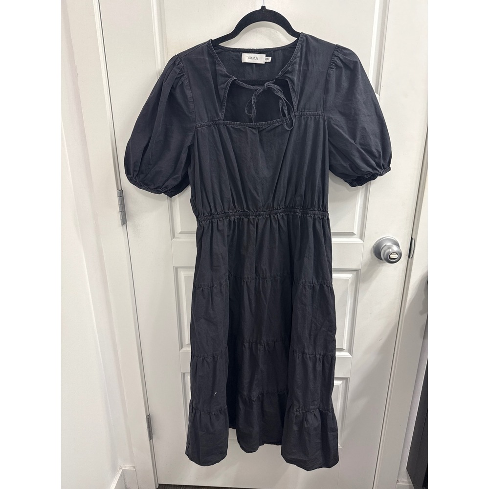 Greylin Anthropologie Black Cotton Tiered Midi Dress Puff Sleeve Tie Front Large